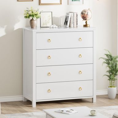 White 3/4/5-Drawer Dresser with Gold Handles – Sturdy Wood Storage Cabinet, Anti-Tip Device – Safe Organizer for Bedroom, Hallway or Living Room