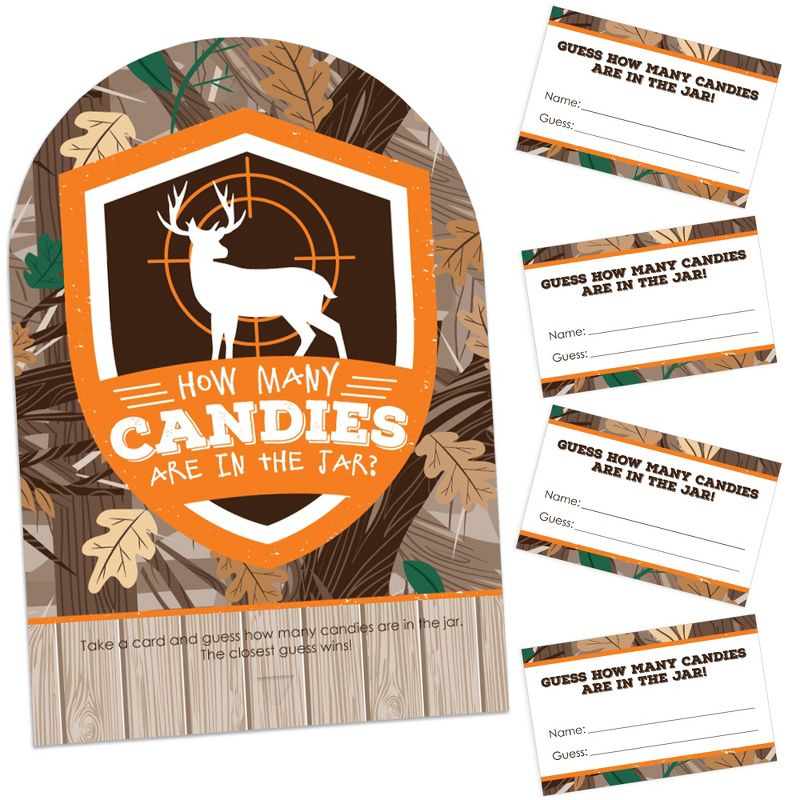 Big Dot of Happiness Gone Hunting - How Many Candies Deer Hunting Camo Baby Shower or Birthday Party Game - 1 Stand and 40 Cards - Candy Guessing Game, 1 of 9