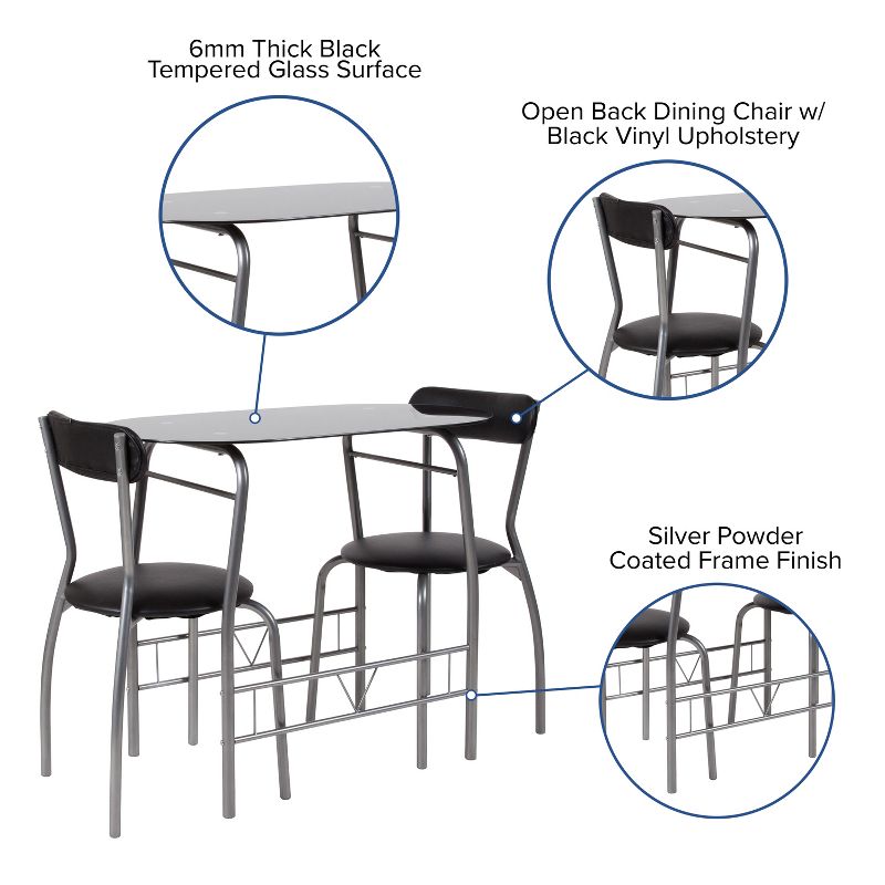 Emma and Oliver 3 Piece Black Glass Space-Saver Bistro Set with Padded Chairs, 2 of 5