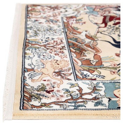 Tan and Blue Synthetic Low Pile Rectangular Area Rug