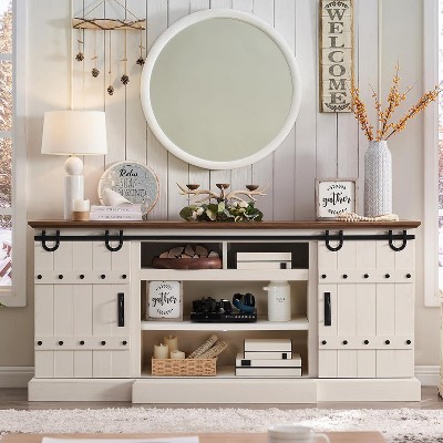 SinCiDo Farmhouse TV Stand for Up to 85" TVs, Rustic Entertainment Center w/Sliding Barn Door, Media Console w/Storage Cabinet