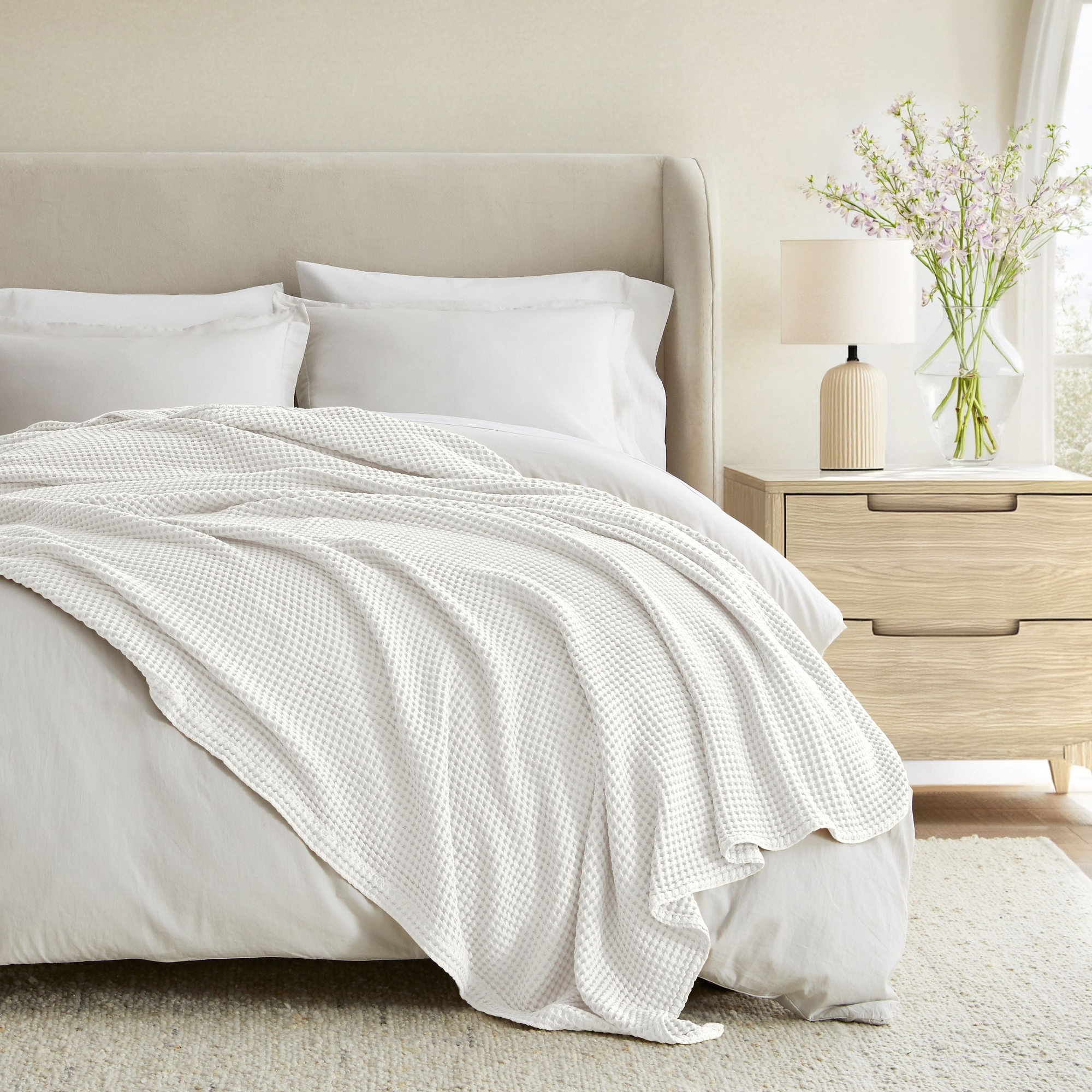 Waffle Blanket 100% Cotton, Soft Cozy Lightweight Bed Blanket for Bedroom, Couch or Chair, King, Queen, Twin, All-Season Woven Throw, King, White