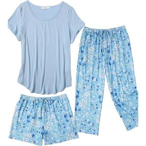 Ekouaer 3 PCS Capri Pajamas for Women Set Short Sleeve Pajama Sets Floral Pj Sets Soft Sleepwear with Pockets - 1 of 4