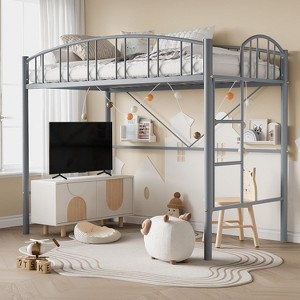 Twin Metal Loft Bed Frame with Arched Guardrail, Safety Ladder & 46" Storage Space, No Box Spring Needed - 1 of 4