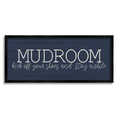 Stupell Industries Mudroom Kick Off Shoes Phrase Rustic Grain Pattern Black Framed Giclee Art