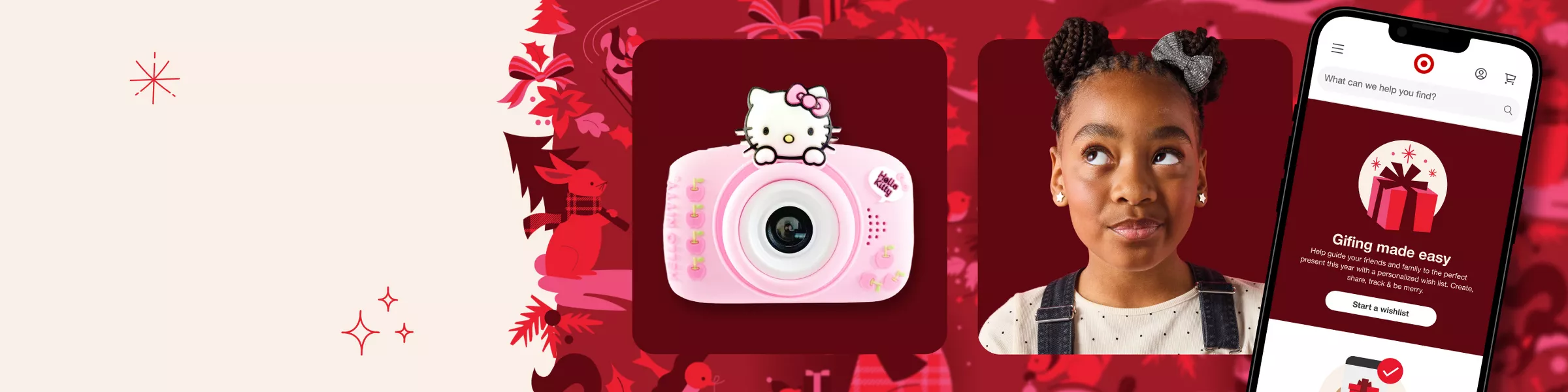 A young girl is shown next to a Hello Kitty camera, a toddler boy is shown next to a Bluey Tonie Box, a teen girl is shown next to an Olivia Rodrigo vinyl album, and a tween boy is shown next to a football.