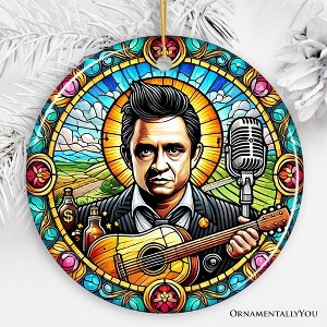 Country Rockin Stained Glass Ceramic Christmas Ornament, Vintage Pop Art and Johnny Cash| OrnamentallyYou - 1 of 4