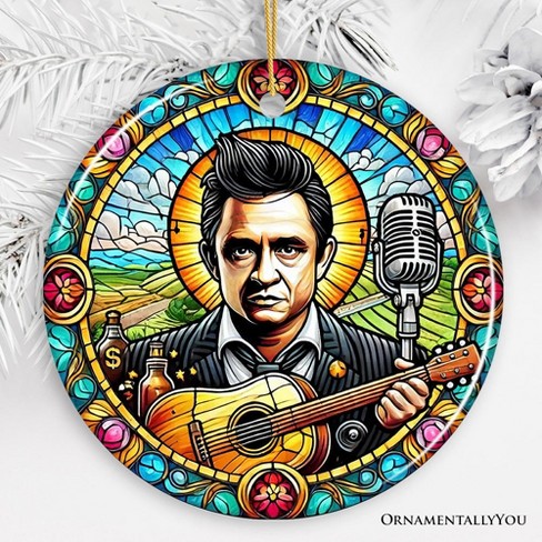 Country Rockin Stained Glass Ceramic Christmas Ornament, Vintage Pop Art and Johnny Cash| OrnamentallyYou - image 1 of 4