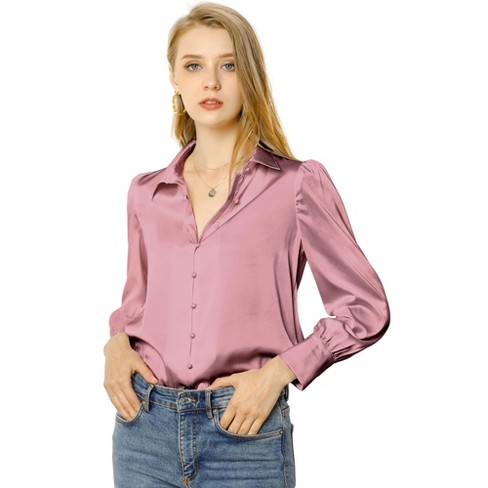 Allegra K Women's Satin Puff Sleeve Point Collar Vintage Button Up Shirt  Dusty Pink X-Large