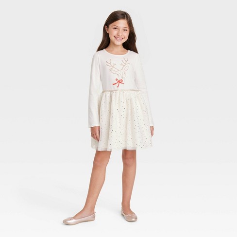 Girls' Holiday Long Sleeve Tulle Dress - Cat & Jack™ Cream : Target