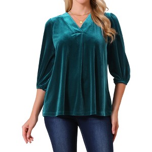 INSPIRE CHIC Women's Velvet V Neck 3/4 Puff Sleeve Fall Trendy Casual Blouse - 1 of 4
