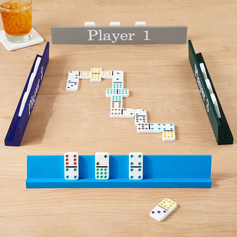Juvale 4 Pack Domino Holder 13 inches, Wooden Dominoes Racks Trays Stand for Domino Table, Mexican Train, Chicken Foot, Mahjong, 4 of 9