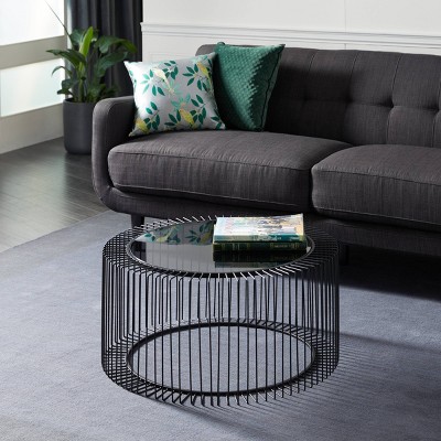 Modern Black Open Wire Frame 32" Round Glass Coffee Table