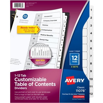 Avery Dividers for 3 Ring Binders, 12 Tabs per Set, Customizable Table of Contents, Classic White Tabs (3 Sets of 11078)