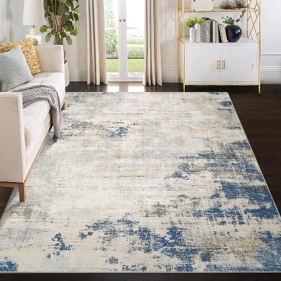 Washable Area Rugs for Living Room Bedroom, Vintage Non Slip Low Pile Soft Floral Indoor Floor Carpet Cover for Dining Room Kitchen Beige/Blue