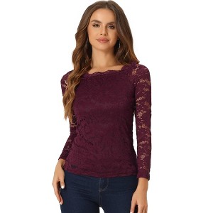 Allegra K Women's Off Shoulder Floral Lace Sheer Long Sleeves Lined Casual Blouse - 1 of 4