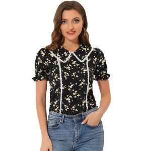 Allegra K Women's Floral Peter Pan Collar Lace Trim Ruffle Sleeve Blouses - 1 of 4