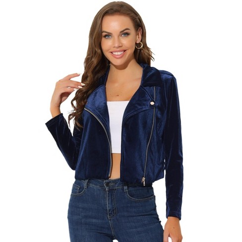 Allegra K Women's Velvet Notched Lapel Collar Crop Belted Moto Biker Jacket  Deep Blue Small : Target