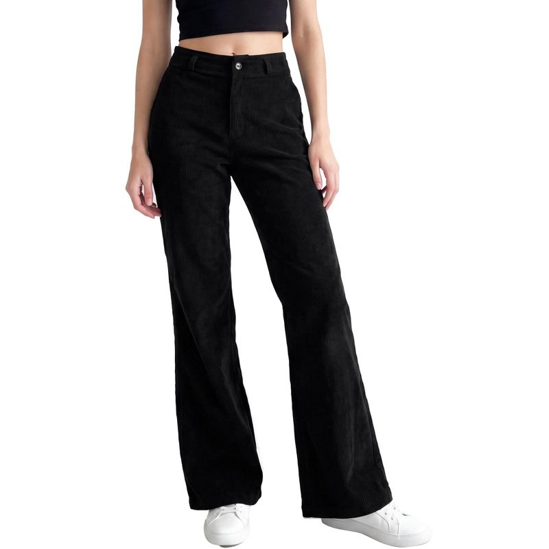 INSPIRE CHIC Women's High-Waisted Stretchy Corduroy Straight-Leg Button-Pocket Casual Daily Pants Small Black