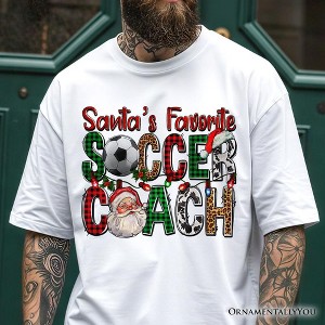 Santa’s Favorite Soccer Coach Plaid Christmas T-Shirt, Sports Team Holiday Tee | OrnamentallyYou - 1 of 4