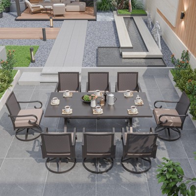 ALAULM 9-piece outdoor balcony dining set, including 8 rattan rocking chairs and 1 large table with umbrella hole, sand.