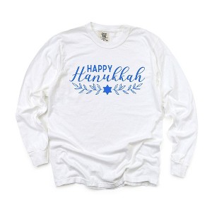 Simply Sage Market Women's Happy Hanukkah Blue Long Sleeve Garment Dyed Tee - 1 of 3