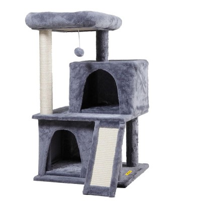 Sandinrayli 34” H Luxury 3-Tier Kitten Cat Tree with 2 Condos, Top Perch, Scratching Posts for Playing, Napping, Jumping, Light Gray