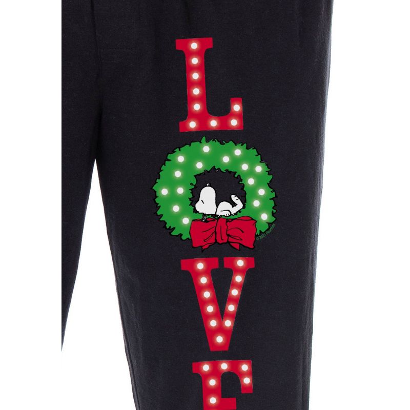 Peanuts Snoopy Pajama Pants LOVE Christmas Wreath Loungewear Sleep Pants Black, 3 of 4