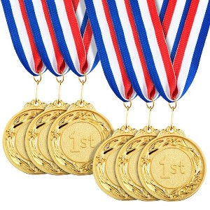 Juvale 6-Pack Gold Round Metal 1st Place Medals for All Ages, Participation Awards with 16 Inch Ribbon for Sports, Tournaments, Competitions, 2.5 In - 1 of 4