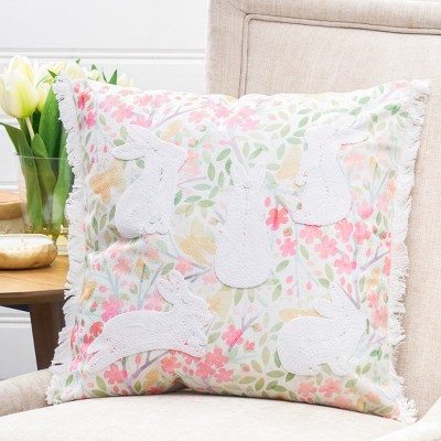 Embroidered Easter Bunnies Floral Square Throw Pillow