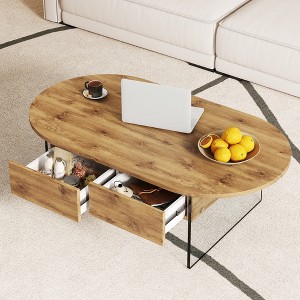 Vynxaria Cozy Natural Oval MDF stickerDouble Drawer Coffee Table 43.3"x23.6" Multi-Functional Design - 1 of 4