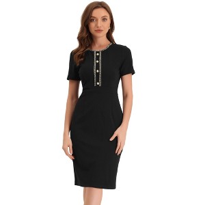 Allegra K Women's Work Business Round Neck Tweed Trim Short Sleeve Sheath Dress - 1 of 4