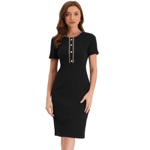 Allegra K Women's Work Business Round Neck Tweed Trim Short Sleeve Sheath Dress - image 1 of 4