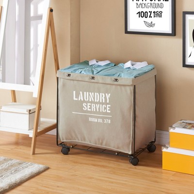 Beige Canvas Collapsible Laundry Hamper with Wheels and Iron Frame