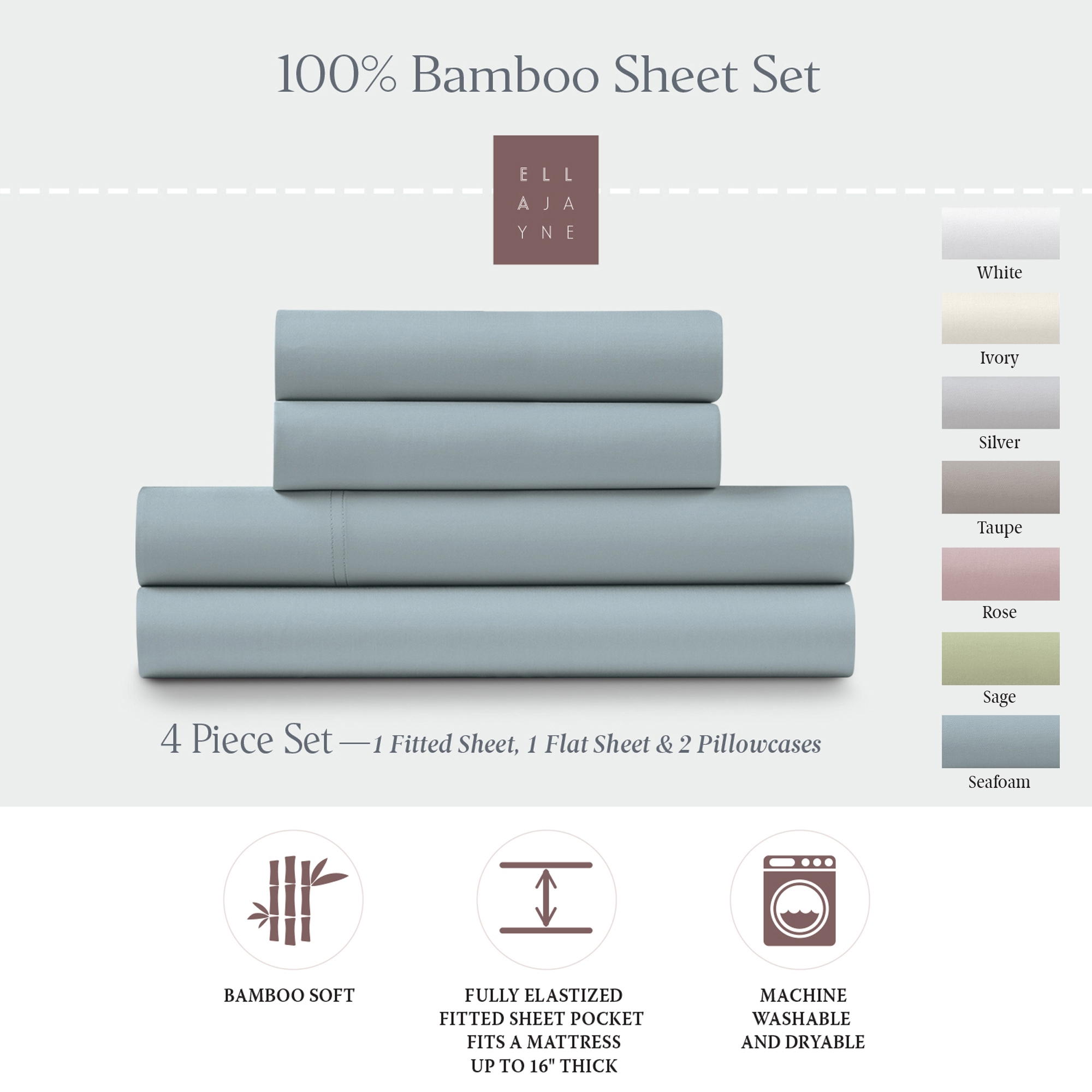 Ella Jayne Viscose from Bamboo Deep-Pocket 4-piece Sheet Set, King, Seafoam