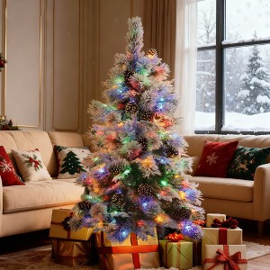 4FT Pre-Lit Snow Flocked Spruce Christmas Tree with Pine Cones, 170 Tips, Mixed PE/PVC, 120 Multi-Color LEDs, 11 Modes, Holiday Decor - 1 of 4