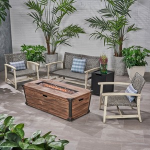 GDFStudio Savannah Outdoor Acacia Wood and Wicker 4 Seater Chat Set with 50,000BTU Fire Pit - 1 of 4