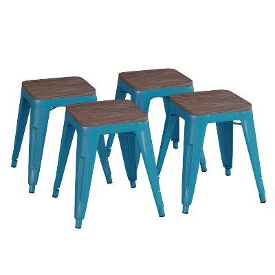 Emma and Oliver Set of Four Table Height Backless Stacking Welded Iron Stools with Wooden Seats and Under Seat Bracing for Indoor Use