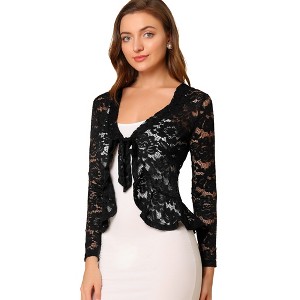 INSPIRE CHIC Women's Tie Front Ruffled Hem Floral Lace Sheer Crop Bolero Shrug - 1 of 4