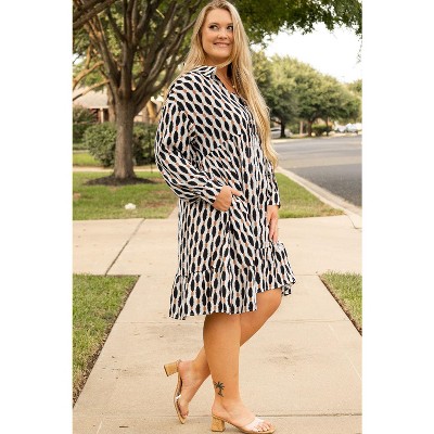 Geometric Print Collared V Neck Plus Size Mini Dress