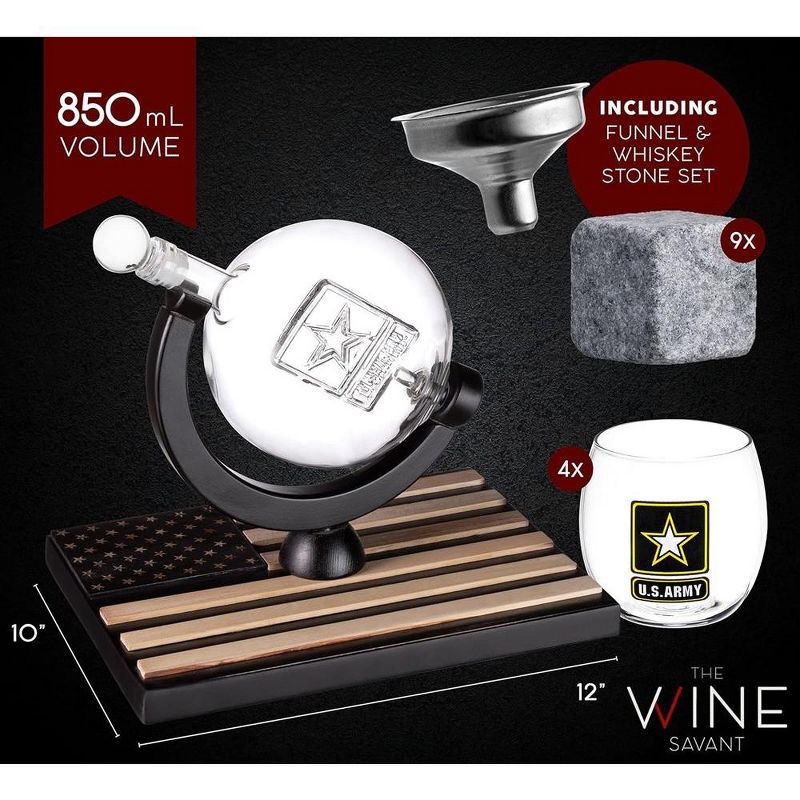 The Wine Savant Army Globe Design Whiskey & Wine Decanter Set Includes 4 Whiskey Glasses & 9 Whiskey Stones Laid on A Beautiful Wood Base - 850 ml, 3 of 7