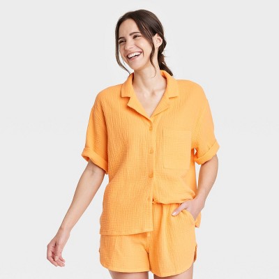 Image of Women's 100% Cotton Gauze Short Sleeve Notch Collar Top - Stars Above™ Orange XXL