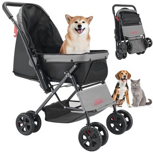 Pet Stroller 44 LB Foldable 4-Wheel Dog Stroller with Reversible Handle - 1 of 4