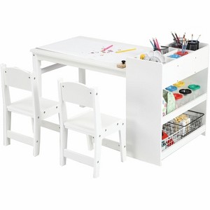 Kids 3-Piece Wood Activity Desk with 2 Chairs,Double-Tier Bookcases & Toy Cubbies - 1 of 4