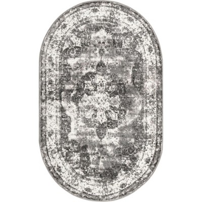 Gray Oval Stain-Resistant Synthetic Area Rug