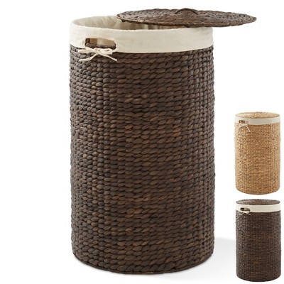 Casafield Round Laundry Hamper with Lid and Removable Liner Bag, Woven Water Hyacinth Laundry Basket for Clothes