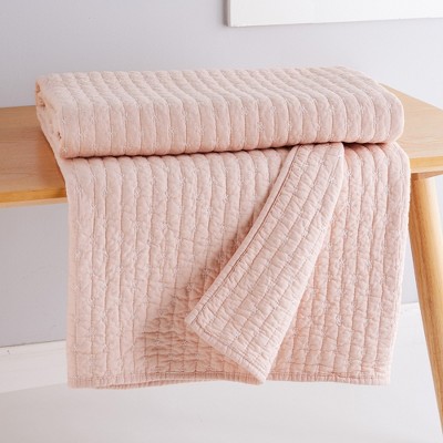 Blush Cotton Reversible Quilted Throw with Cross Stitch Pattern