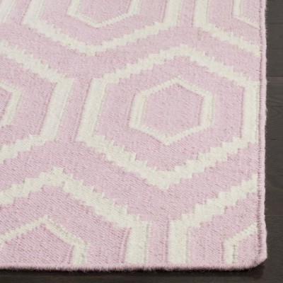 Pink and Ivory Geometric Wool Flat Weave Area Rug, 5' x 8'