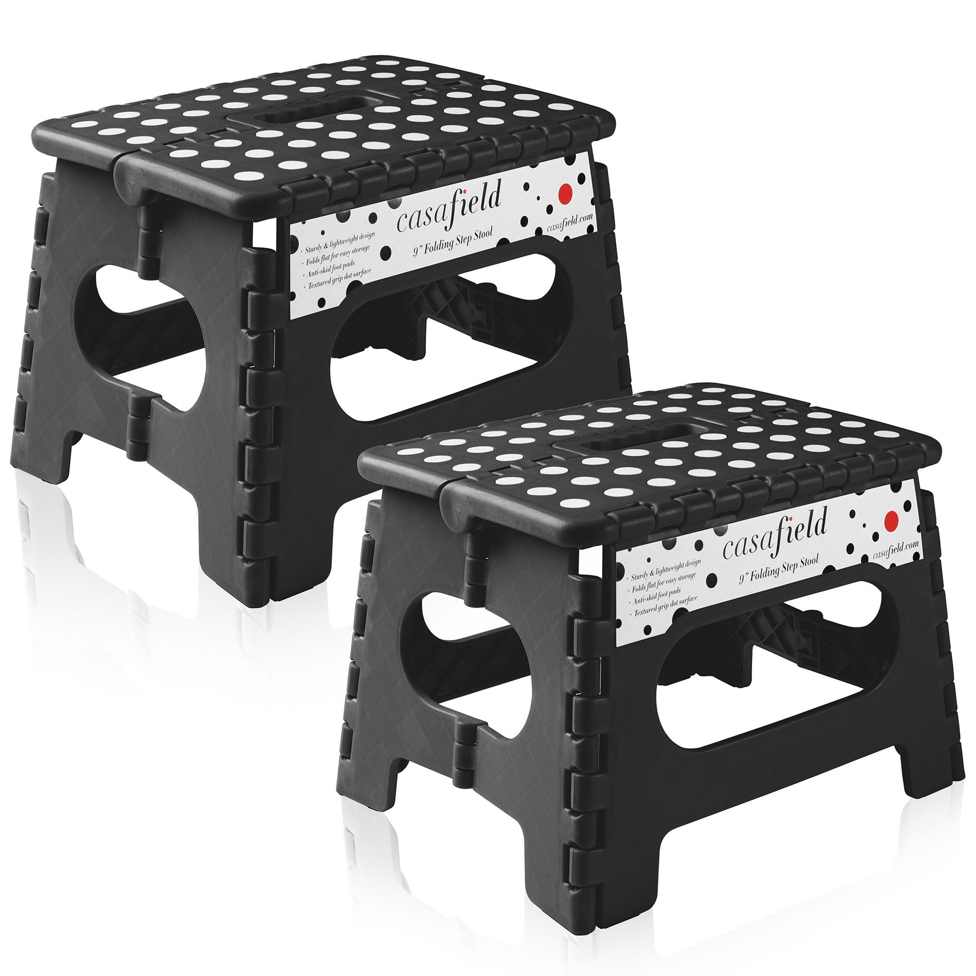 Casafield 9" Folding Step Stool with Handle (Set of 2) - Black, Collapsible Foot Stool for Kids and Adults, Use in Kitchen and Bathroom