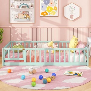 Costway Twin Size Floor Bed with Door & Fence with Safety Guardrails & Slats Support Gray/White/Mint Sky/Icy Aqua/Pink/Beige - 1 of 4